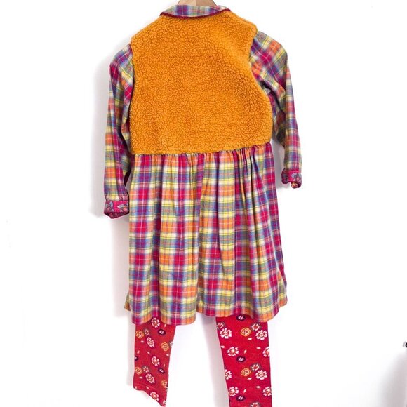 Cakewalk by OILILY Sz 8-10 Colorful Flannel and Fleece vest dress with leggings - Picture 3 of 16